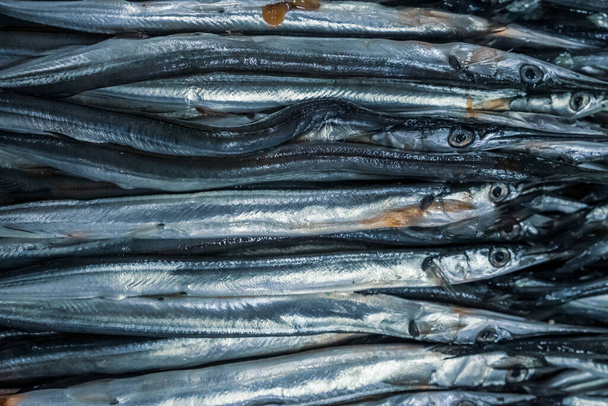 Nadelfische in einer Kiste auf dem Fischmarkt. Verkauf von frischen Lebensmitteln. Meeresfrüchte, Delikatessen. Gourmetküche. - Foto, Bild