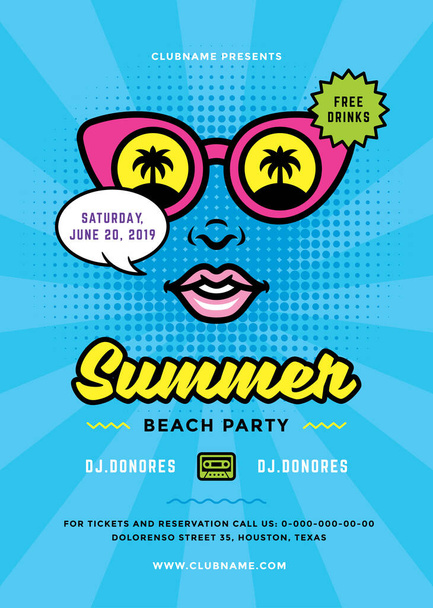Summer beach party flyer or poster template 90s pop art typography style design - Vektor, obrázek