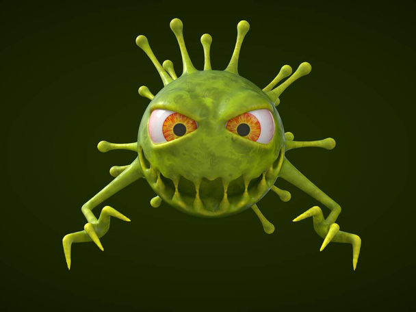 Corona virus monster met kwade blik. geschikt voor covid-19, corona en andere virusthema 's. 3d illustratie, tekenfilm virus karakter - Foto, afbeelding