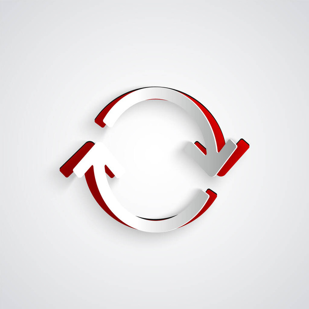 Paper cut Refresh icon isolated on grey background. Reload symbol. Rotation arrows in a circle sign. Paper art style. Vector Illustration - Вектор,изображение