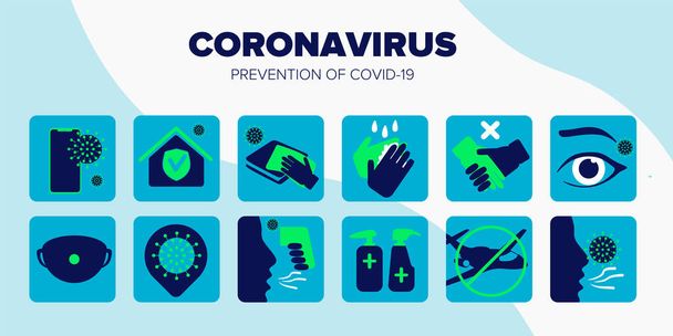Gyűjtemény 12 ikonok, jele megelőző intézkedések. Hogyan ne fertőződjön meg a koronavírus, covid-19. Plakátokhoz, webes felületekhez, mobil alkalmazásokhoz, infografikákhoz alkalmas. - Vektor, kép