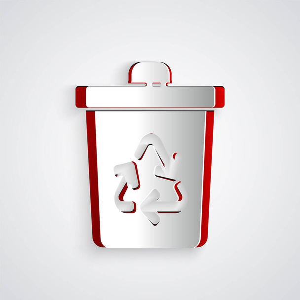 Paper cut Recycle bin with recycle symbol icon isolated on grey background. Trash can icon. Garbage bin sign. Recycle basket sign. Paper art style. Vector Illustration - Vector, Image