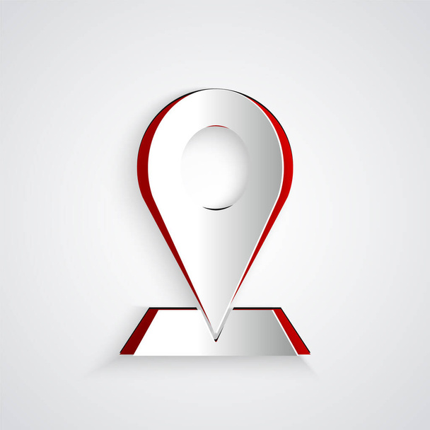 Carta tagliata Mappa icona pin isolato su sfondo grigio. Navigazione, puntatore, posizione, mappa, GPS, direzione, luogo, bussola, concetto di ricerca. Stile cartaceo. Illustrazione vettoriale - Vettoriali, immagini