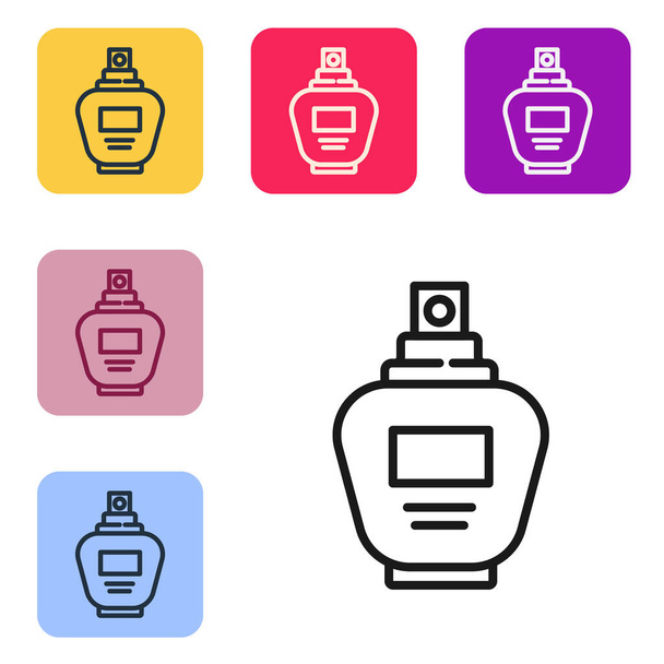 Schwarze Linie Parfüm-Symbol isoliert auf weißem Hintergrund. Setzen Sie Symbole in farbigen quadratischen Tasten. Vektorillustration - Vektor, Bild