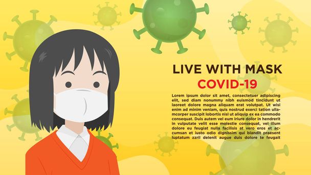 Girl in red shirt with mask and text "LIVE WITH MASK". Live with mask in virus spreading - Vector, Image