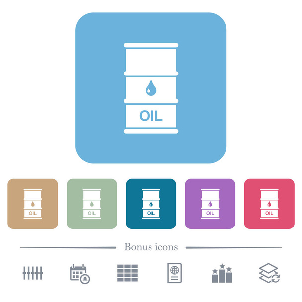 Iconos planos blancos de barril de petróleo sobre fondos cuadrados redondeados de color. 6 iconos de bonificación incluidos - Vector, imagen