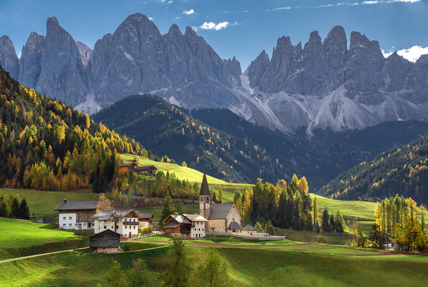 Famous best alpine place of the world, Santa Maddalena village with Dolomites mountains in background, Val di Funes valley, Trentino Alto Adige region, Italy, Europe - Photo, Image