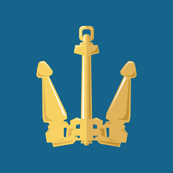 Gold flat anchor isolated on a blue background, silhouette marine equipment, travel and tourism concept, vector illustration - Vector, Image