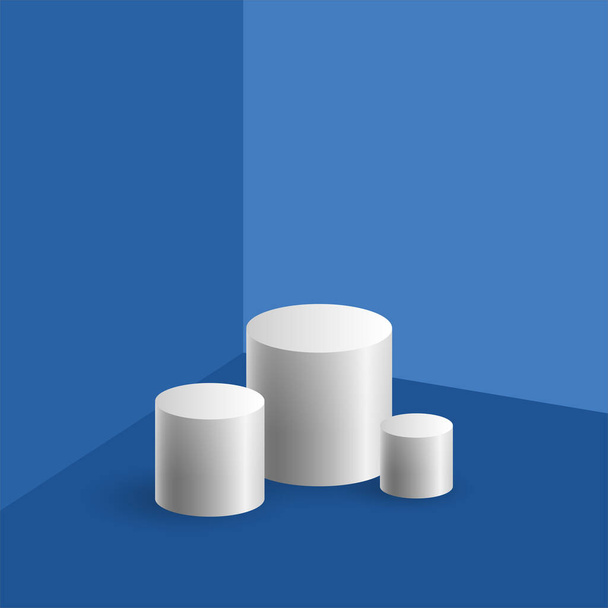 Scatole cilindriche per dimostrazione sullo sfondo dell'angolo con pareti e pavimento blu, podio bianco, illustrazione vettoriale
 - Vettoriali, immagini