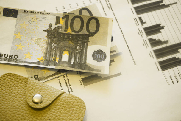 Bankbiljetten van 100 euro op financiële grafieken en leren portemonnee. Geld, financieel groeisucces concept. - Foto, afbeelding