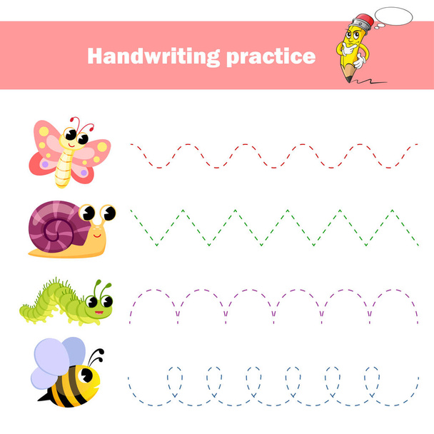 Worksheet for practicing fine kids motor skills. Handwriting practice. Educational game for kids. Insects. Butterfly, bee, snail, caterpillar - Вектор,изображение