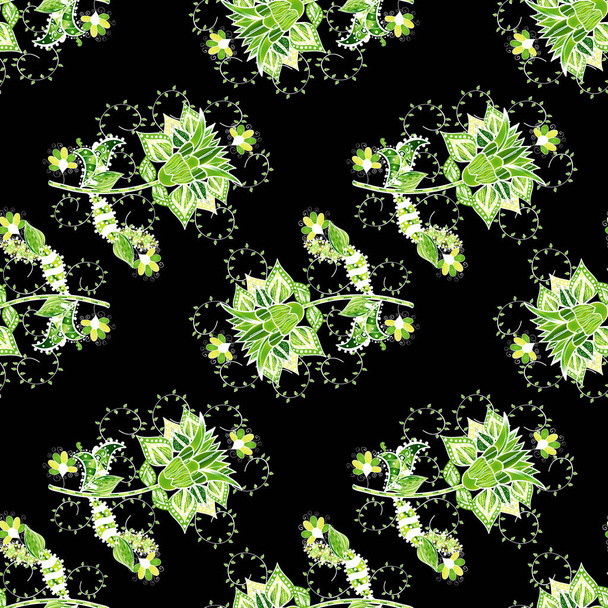 Flat Flower Elements Design. Vector Fashionable fabric pattern. Colour Spring Theme seamless pattern Background. Cute flowers pattern with green, white and black colors. - Vector, afbeelding