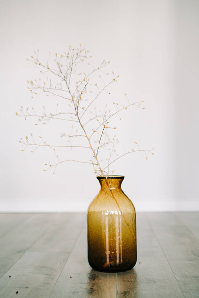 広々とした白いスタジオでドライフラワーの枝を持つスタイリッシュな茶色のガラスの花瓶。トレンドカラー。装飾コンセプト - 写真・画像