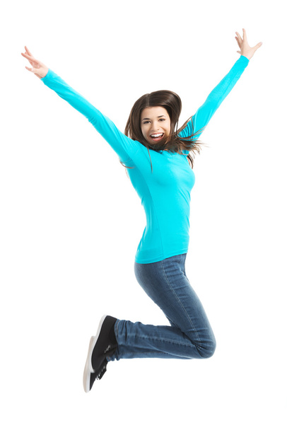 Young casual woman, student jumping. - Valokuva, kuva