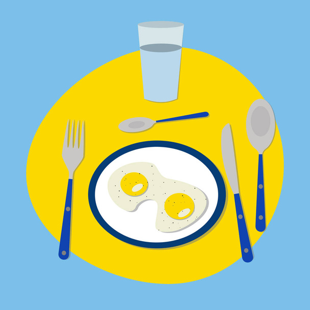 huevos fritos en un plato blanco y azul
 - Vector, imagen