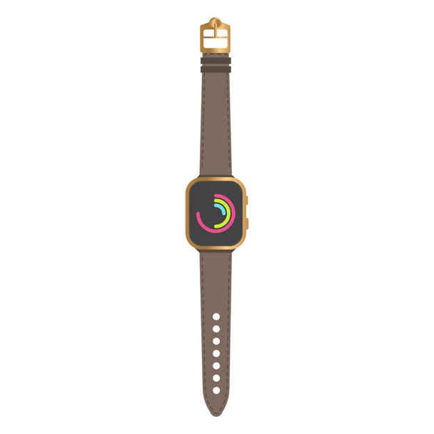 Luxus Gold Smart-Uhr isoliert auf weiß. Vector Smart Watch zeigt Aktivität App. Uhr reflektiert auf weißem Hintergrund. Smart-Uhr mit braunem Lederarmband. - Vektor, Bild