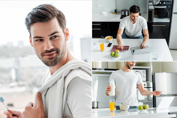 Collage of man holding toothbrush and towel, working on laptop during breakfast in kitchen - Photo, Image