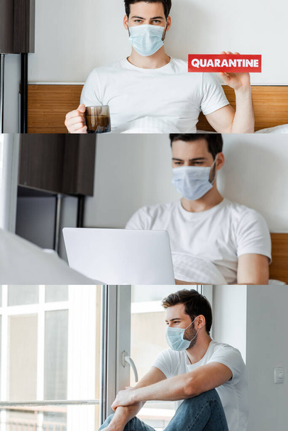 Коллаж человека в медицинской маске с помощью ноутбука, держа карточку с карантинными надписями и глядя в окно дома
  - Фото, изображение