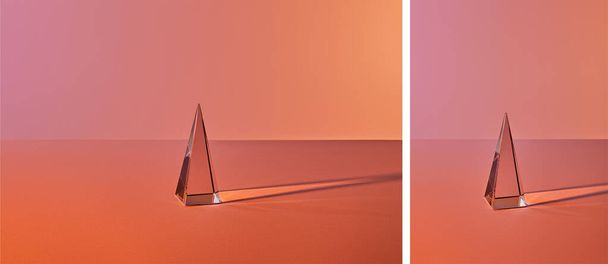 collage of crystal transparent pyramid with light reflection on orange background - Fotoğraf, Görsel