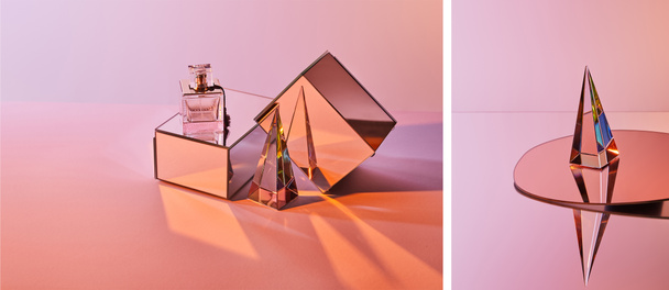 collage de cristal pirámide transparente cerca de frasco de perfume en caja y espejo redondo sobre fondo rosa
 - Foto, imagen
