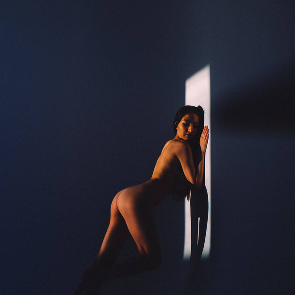 In the evening, a young beautiful girl is alone in an empty studio, she has almost no clothes on her, she is naked, the setting sun through the windows falls on her body and gives off Shadows and contours - Foto, Imagem