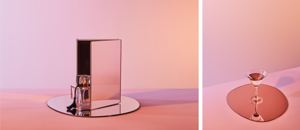 collage of perfume bottle on round mirror with cube and cocktail glass on circle on pink background - Фото, изображение