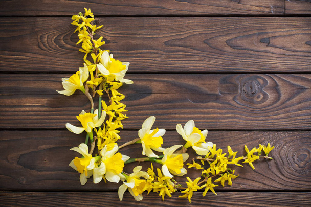 yellow narcissus  on dark wooden background - Фото, зображення