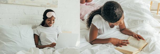 Yatakta dizüstü bilgisayar kullanan ve kitap okurken dinlenen Afrikalı Amerikalı serbest yazar kolajı, panoramik çekim - Fotoğraf, Görsel