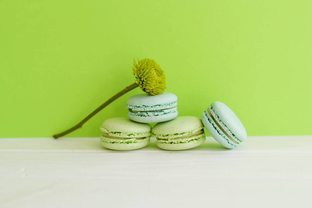 Picture of Cake macaron or macaroon from above, colorful almond cookies, pastel colors. - Foto, immagini