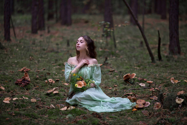 sprookje over een fee in een magisch bos, een mooi meisje in een groene jurk wandelt in het bos met een boeket, champignons in een boeket - Foto, afbeelding