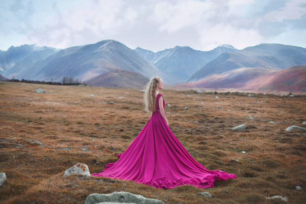Peri masalı. Pembe elbiseli uzun trenli bir kız dağların arka planında yürüyor.. - Fotoğraf, Görsel