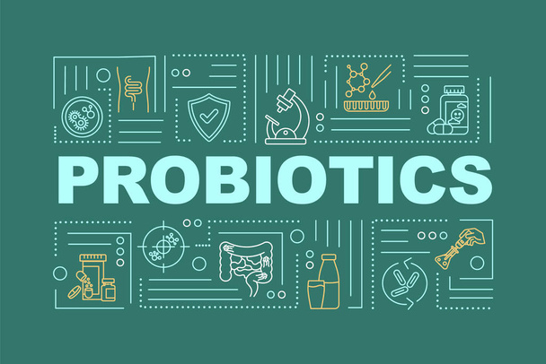 プロバイオティクスの言葉の概念バナー。消化補助のための微生物。健康なラクトバチルス。緑の背景に線形アイコンを持つインフォグラフィック。孤立したタイポグラフィ。ベクトルアウトラインRGBカラーイラスト - ベクター画像