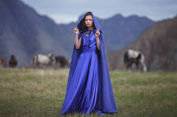 Een meisje in een prachtige blauwe jurk wandelt in de bergen. - Foto, afbeelding