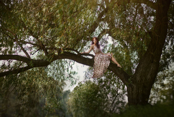 Το κοκκινομάλλικο κορίτσι περπατάει στο δάσος. Θερινή φωτογράφιση - Φωτογραφία, εικόνα