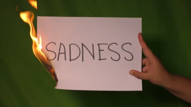 Ręka trzyma płonący papier ze smutnym słowem tekstowym na nim na zielonym ekranie za. - Materiał filmowy, wideo