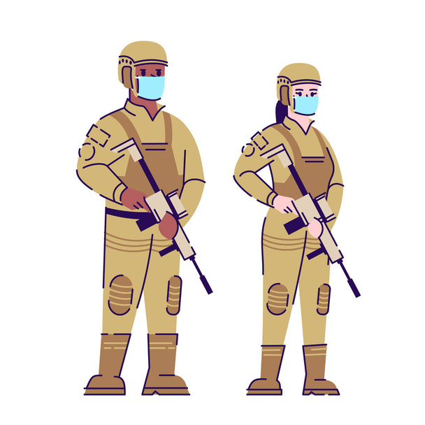 Vojáci v covid19 pandemické ploché izolované vektorové ilustrace. Armáda v chirurgických maskách 2D kreslený postava s obrysem na bílém pozadí. Karanténa, zákaz vycházení. Ochrana proti virům - Vektor, obrázek