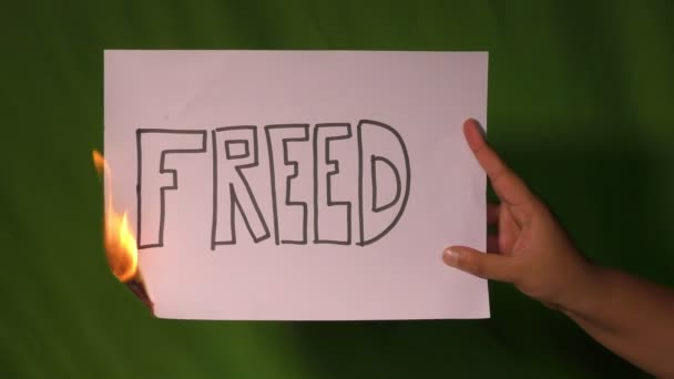 Egy kéz tartja az égő papírt szabad szöveges szóval a zöld képernyőn mögötte. - Felvétel, videó