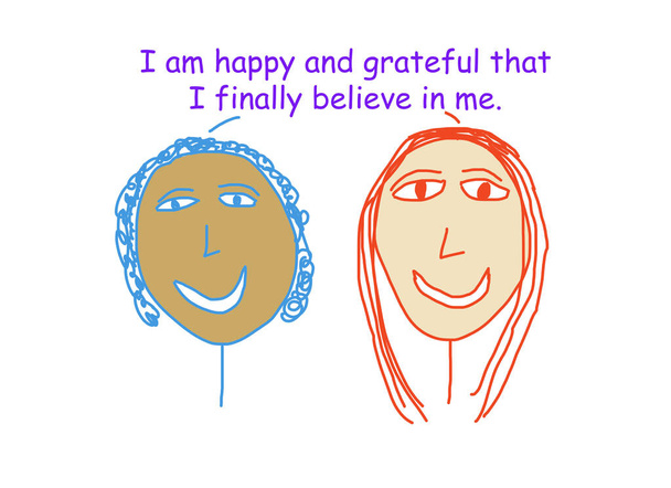 Väri sarjakuva kuvaa kahta etnisesti monipuolinen naiset sanovat olevansa onnellisia he vihdoin uskovat itseensä
.  - Valokuva, kuva