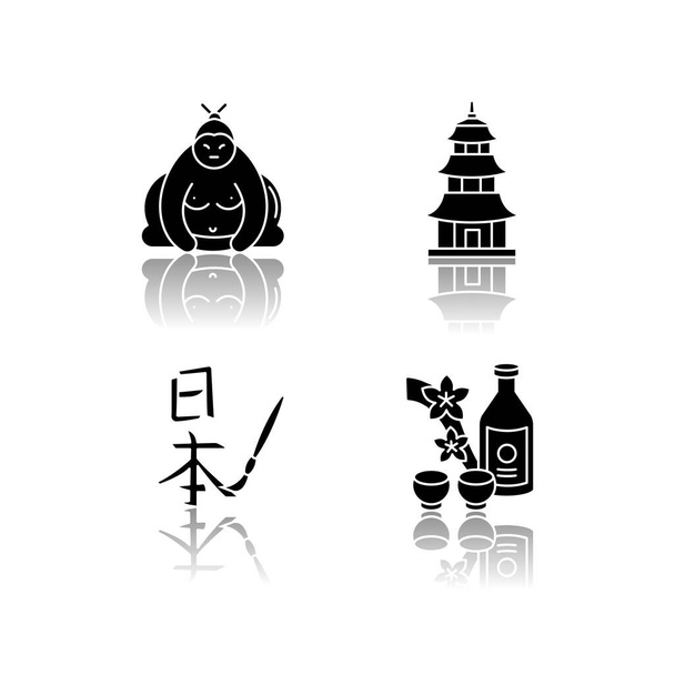 Japón caer sombra negro glifo iconos conjunto. Luchador de sumo. Templo del sintoísmo. Caligrafía asiática. Sake, bebida alcohólica. Atributos tradicionales japoneses. Ilustraciones vectoriales aisladas en el espacio en blanco
 - Vector, imagen