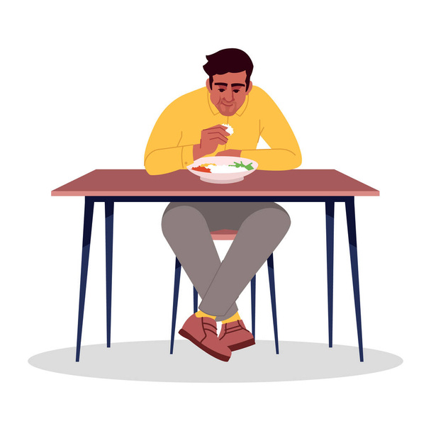 Adult man eating rice semi flat RGB color vector illustration. Indian national cuisine, traditional dish. Dark skin guy enjoying nutrient meal isolated cartoon character on white background - Vektori, kuva