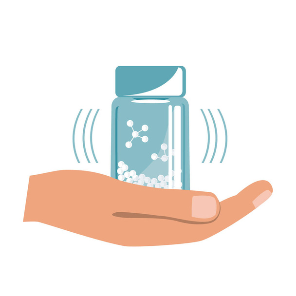 Mão com Homeopatia medicamentos Garrafa isolada em um fundo branco. Ilustração vetorial
 - Vetor, Imagem