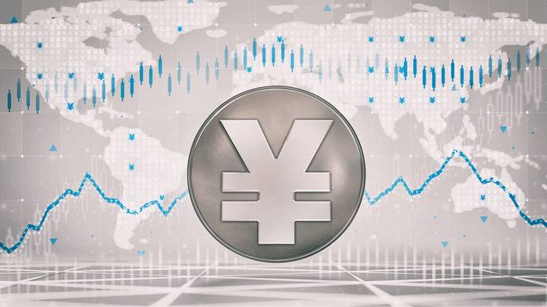 Zilveren Yuan of Yen munt met economische grafieken en zakelijke analyse op grijze achtergrond. Bedrijfsleven en economie 3D illustratie. - Foto, afbeelding