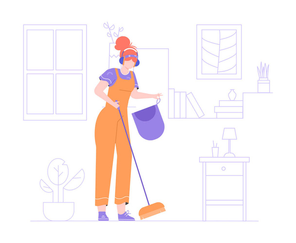 Girl in headphones and a jumpsuit with a broom.  - Vector, Image