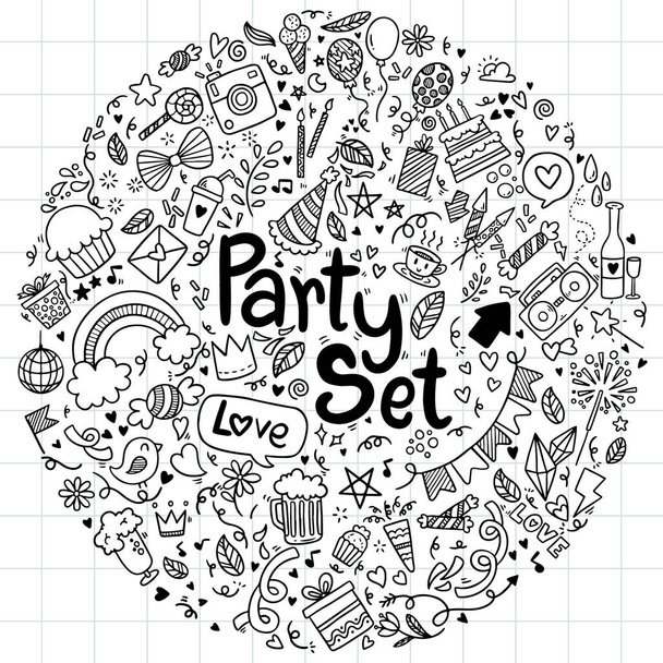 Vector illustratie hand getekend doodle stijl doodle Happy birthday ementevent party set - Vector, afbeelding