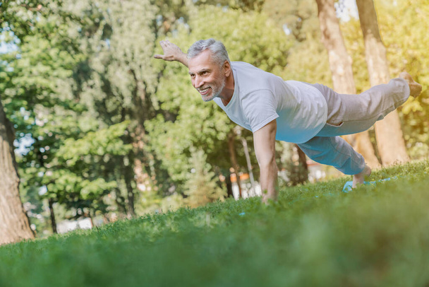 Side view shot of happy senior man in sportswear doing sport exercise in park - Photo, image
