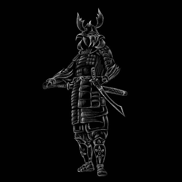 Vector logo Samurai, hand drawing japanese soldier on black background - Vector, Image