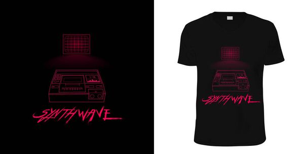 Synthwave. Stylish t-shirt and apparel retro design with pink contour TV with glowing screen and perspective retro audio recorder on foreground with SYNTHWAVE inscription.Typography, print, vector - Vector, Image