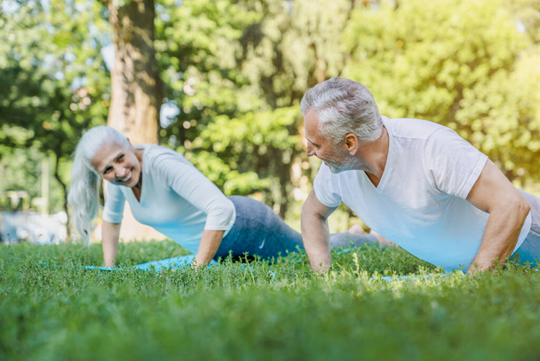 Senior couple stretching in park and exercising outdoors while l - Foto, Imagem