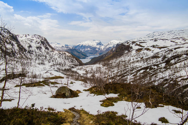 Bergen in het Hardangervidda park. Uitzicht vanaf de Noorse bergen. Pieken met sneeuwtoppen. - Foto, afbeelding