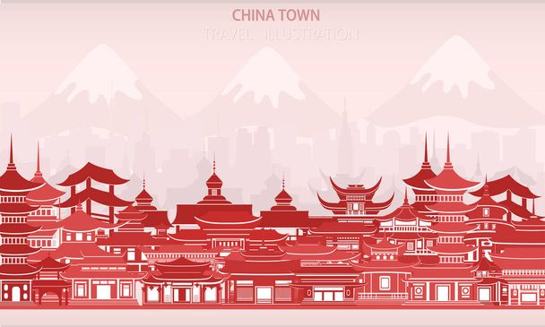Kırmızı renkli geleneksel Çin evleri olan vektör tebrik kartı - Vektör, Görsel